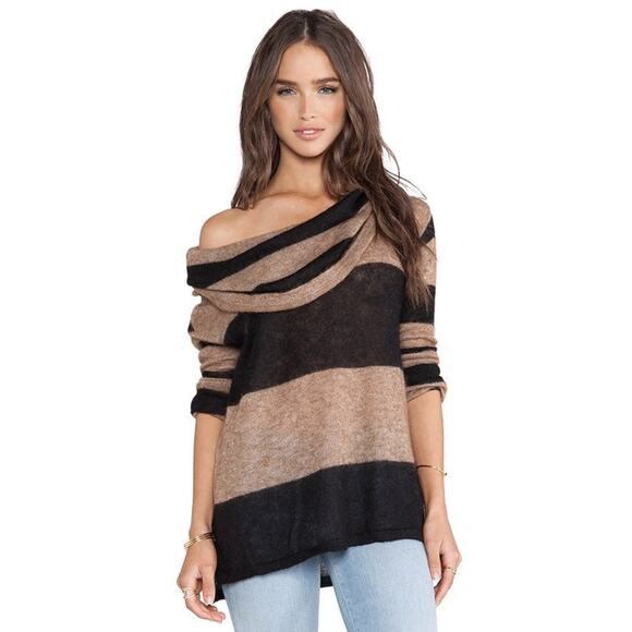Free People Lulu Rugby Stripe Sweater XS Alpaca Cowl Neck Off Shoulder Casual - Picture 1 of 10